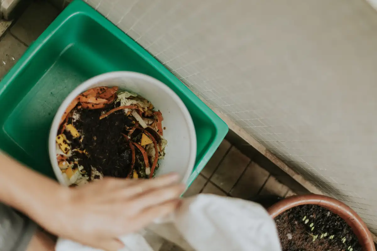 Compost Starter: Hand covering carrot peels and vegetable scraps with dark soil in a bucket