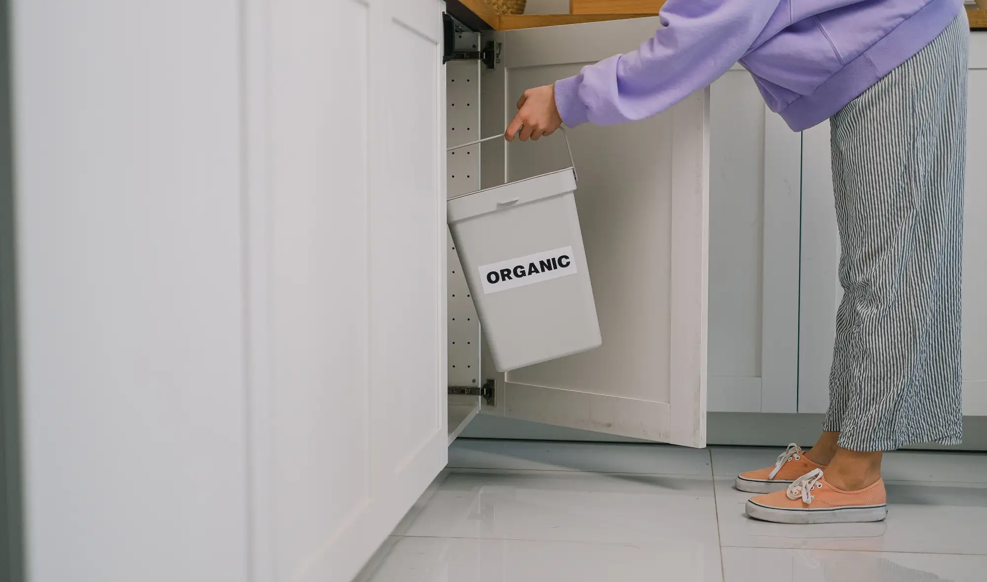 Compostable Garbage Bags :Person placing an organic waste bin inside a kitchen cabinet