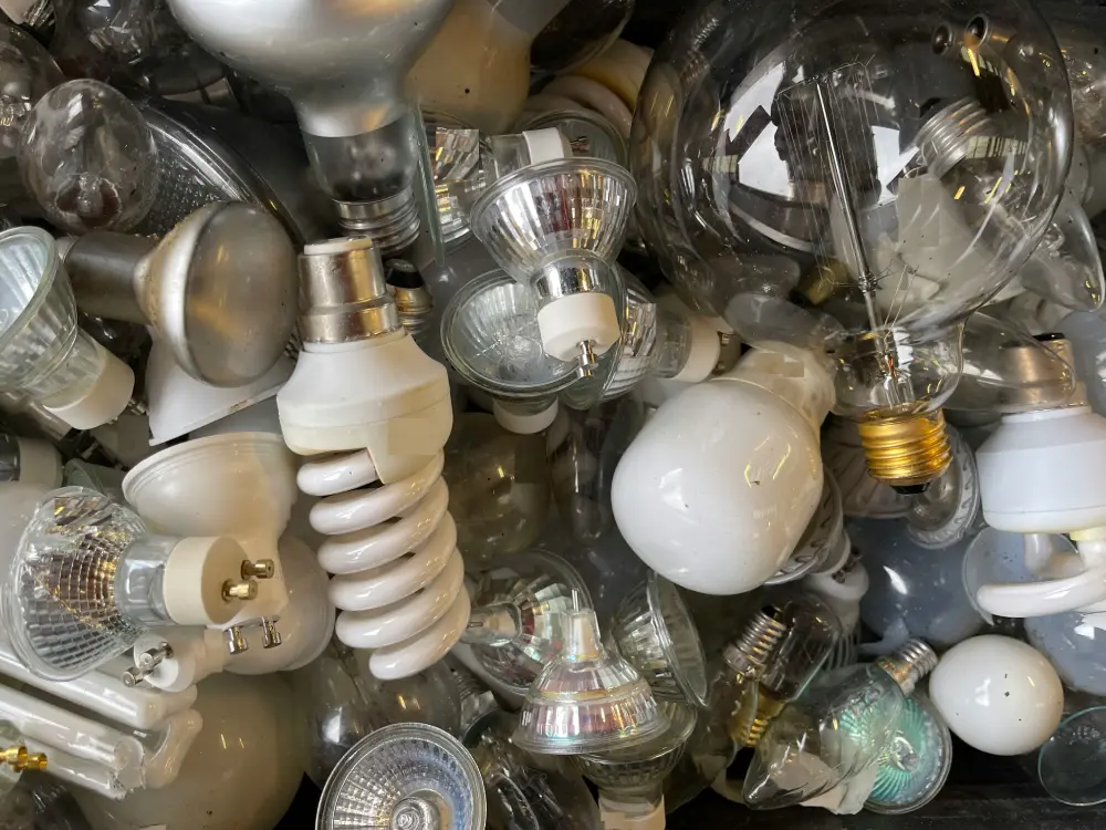 Home Depot Disposal of Fluorescent Bulbs: A pile of mixed bulb types — incandescent, halogen, and a spiral CFL — the mix that decides where each one can legally go