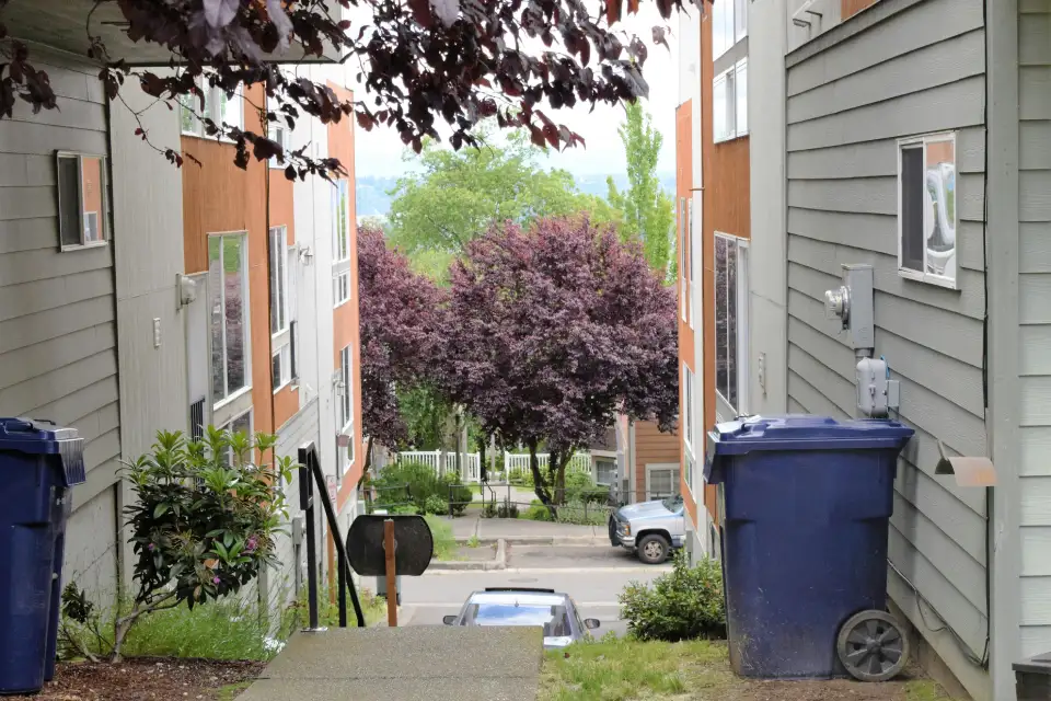 Carts Stored Beside an Apartment Building Two wheeled carts standing against apartment buildings above a residential street